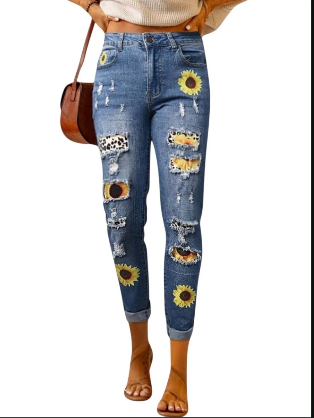 Amazon Women's Blue Straight Leg Jeans with Sunflower Patch & Leopard Accents
